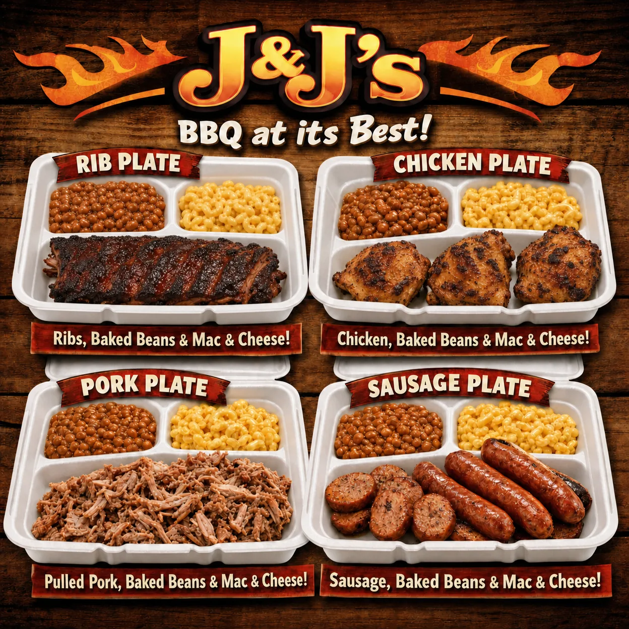 Four BBQ plates ready for a catering order
